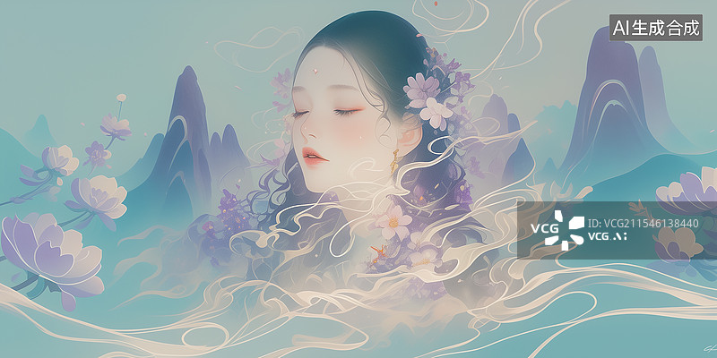 【AI数字艺术】古风绝世美女闭着眼睛的半身特写图片素材