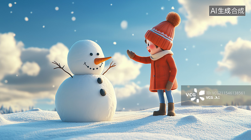 【AI数字艺术】雪地中的欢乐：小孩堆雪人图片素材