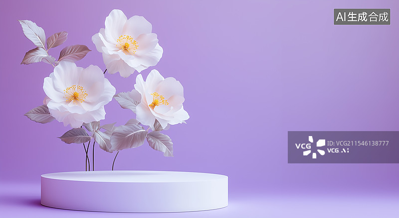 【AI数字艺术】简约紫色背景下的白花展示图片素材