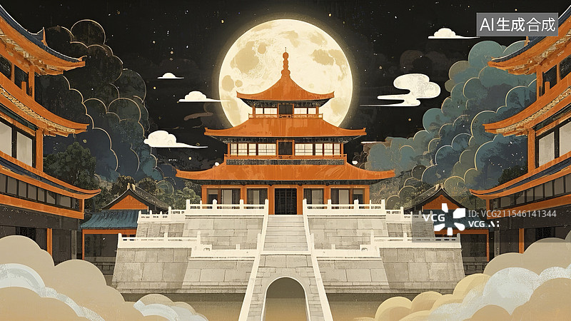 【AI数字艺术】中秋节中国风中国古建筑背景图片素材