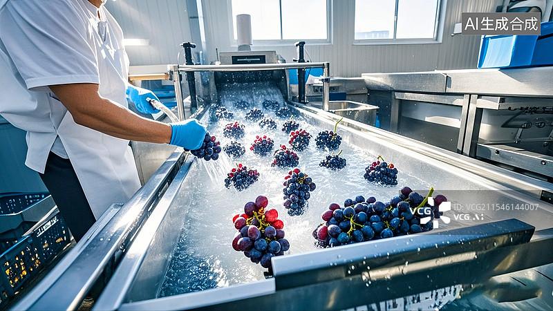 【AI数字艺术】现代食品加工厂清洗流水线上的水果图片素材