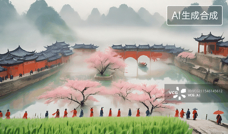 【AI数字艺术】春日古桥图片素材