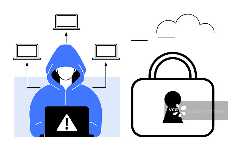 穿着连帽夹克的黑客正在访问多台笔记本电脑图片素材