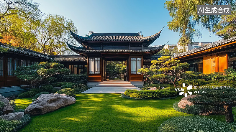 【AI数字艺术】新中式别墅庭院园林景观设计图片素材