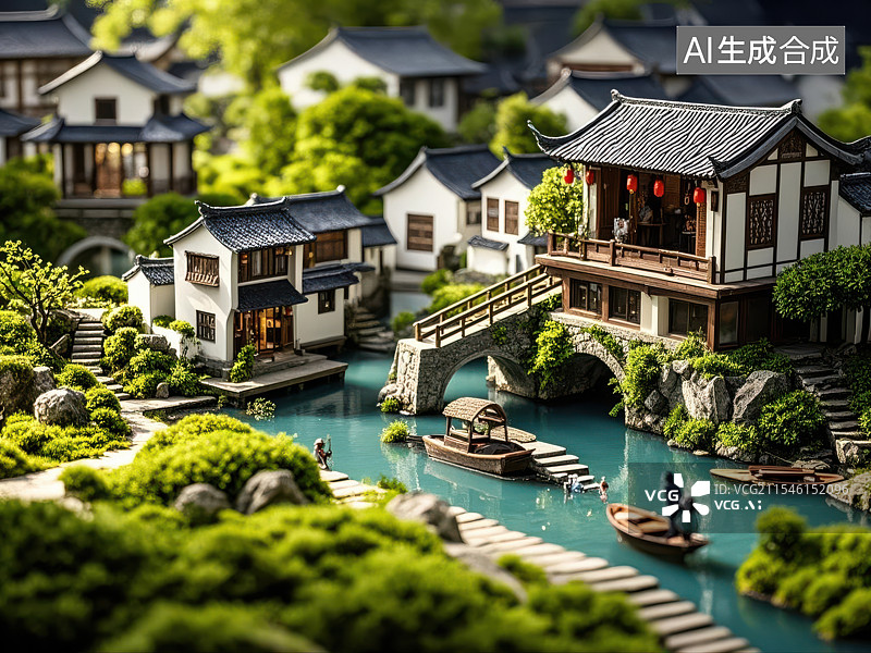【AI数字艺术】古桥流水小景，江南园林微缩景观图片素材