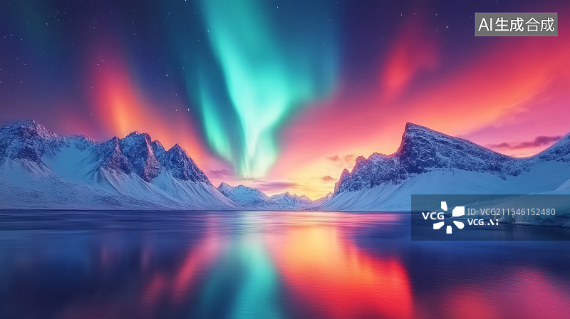 【AI数字艺术】冬天户外雪山湖泊极光风景图片素材