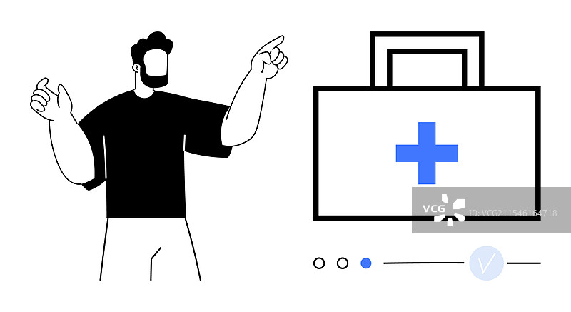 男子指着带有蓝色十字的急救箱图片素材