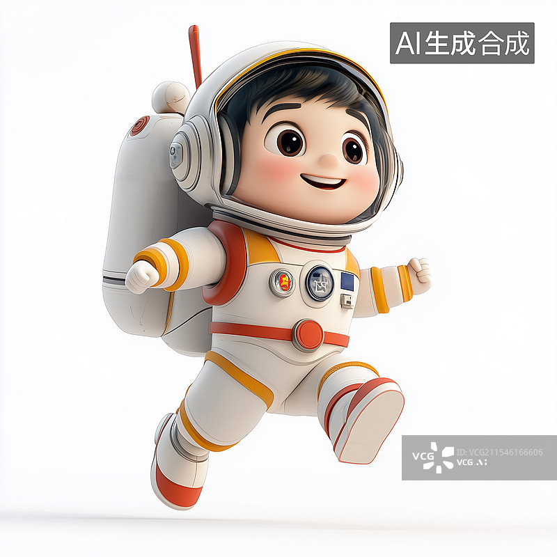 【AI数字艺术】一个穿着宇航服的卡通男孩在太空中快乐地漂浮和挥手图片素材