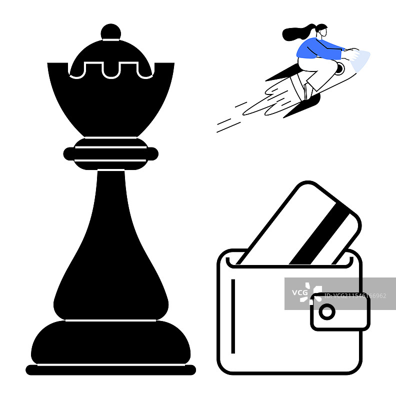 飞行的女性穿着喷气背包，旁边有国际象棋国王和钱包图片素材