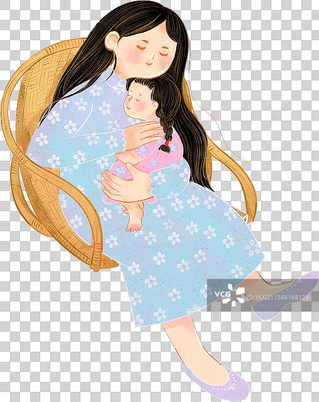 母亲节妈妈怀抱女儿坐在藤椅上插画图片素材