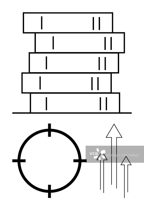 一堆书籍、目标标志和向上的箭头图片素材