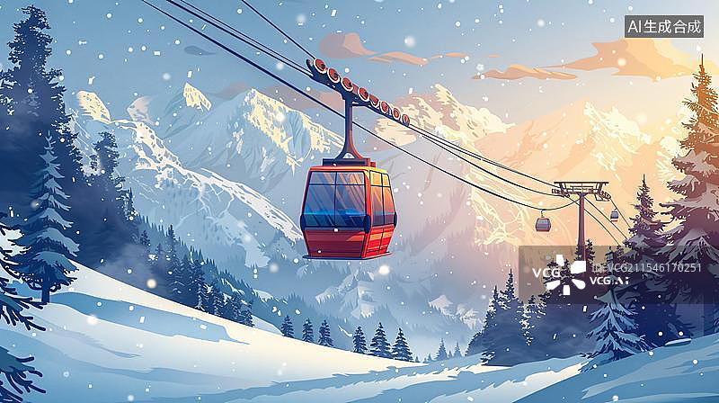 【AI数字艺术】雪山缆车空中之旅 山脉缆车风光图片素材