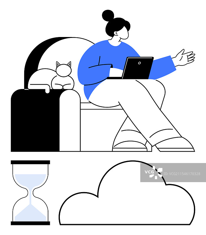 坐在沙发上的女人与猫交谈，手里拿着笔记本电脑。图片素材