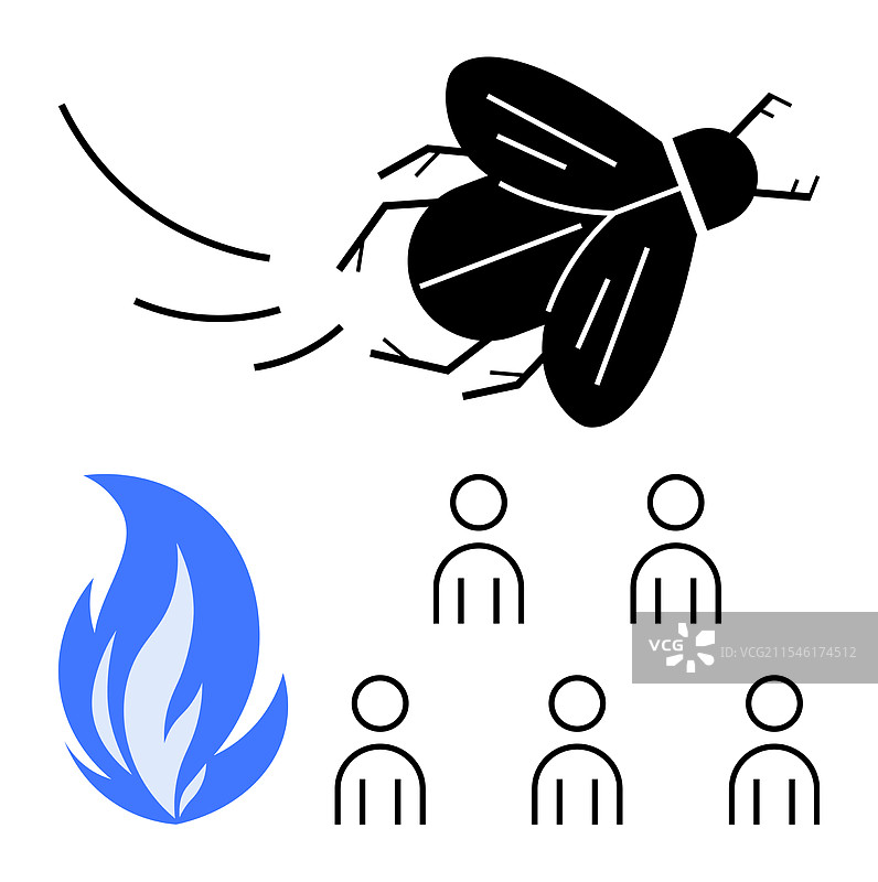 一只大型黑色苍蝇飞向蓝色火焰和五个物体图片素材