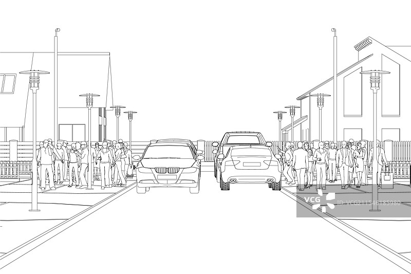繁忙街道的轮廓，行人和汽车穿梭其间图片素材