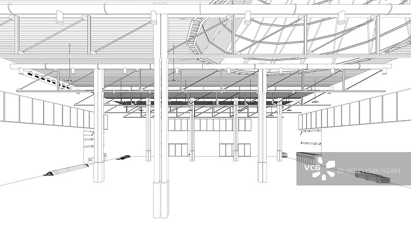 黑色线条勾勒出的机库轮廓，背景为白色图片素材