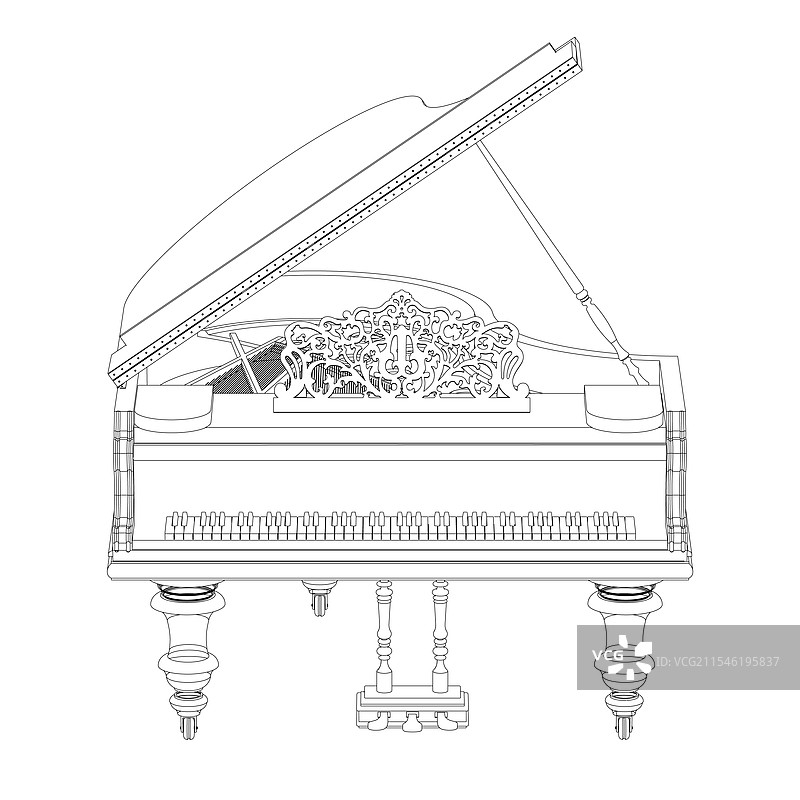 黑色线条勾勒出的复古大钢琴轮廓图片素材