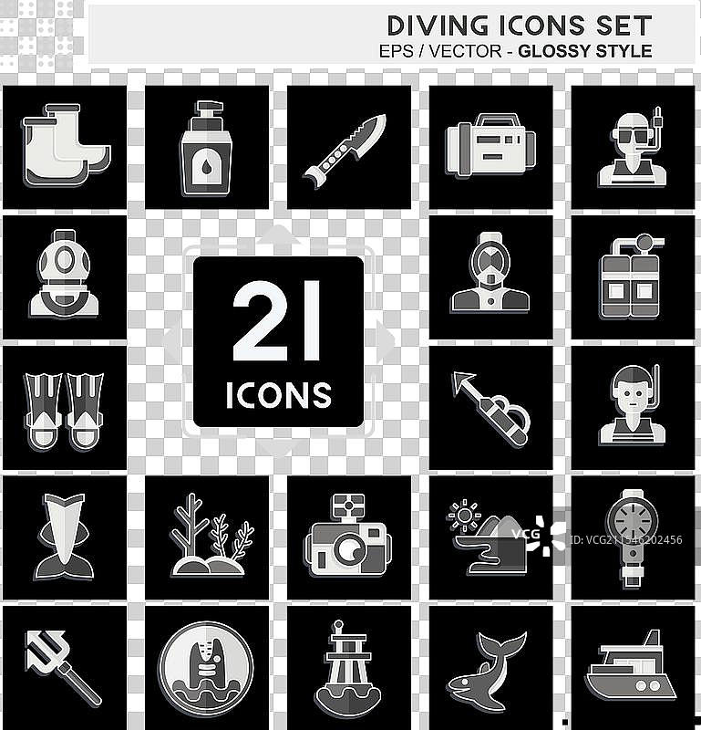 与海洋相关的潜水图标集，光泽感十足图片素材