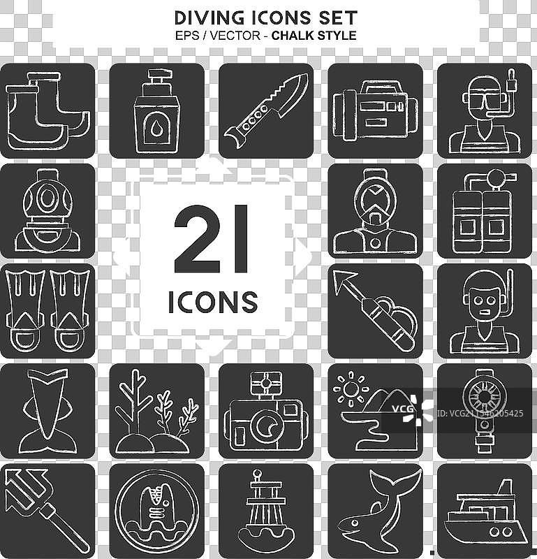 与海洋相关的潜水图标集，粉笔风格图片素材