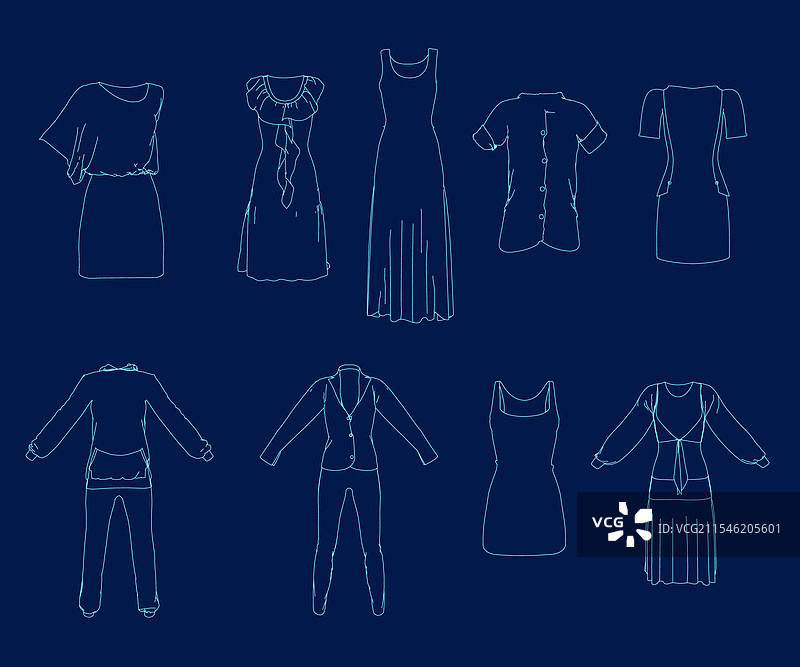 蓝色线条勾勒出的女性服装系列轮廓图片素材