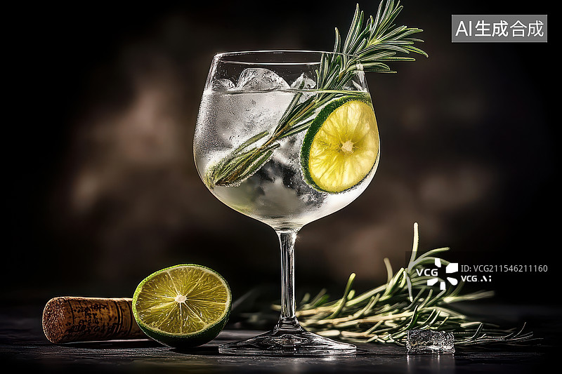【AI数字艺术】金酒配柠檬和迷迭香图片素材