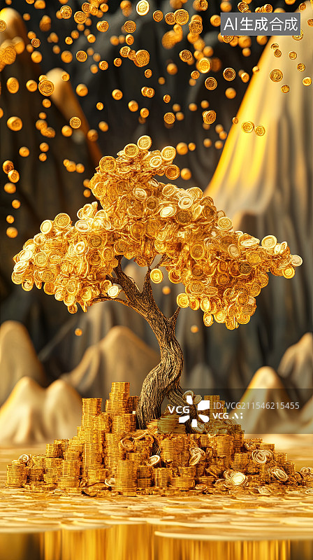 【AI数字艺术】一棵长满金币和金锭的摇钱树图片素材