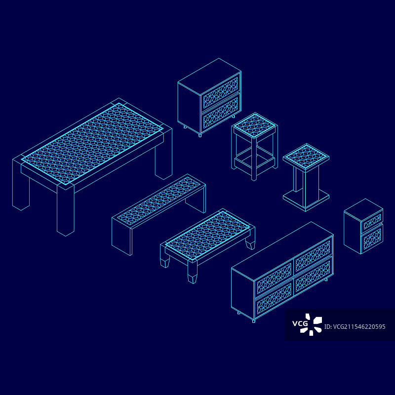 等角视图中的家具轮廓套件图片素材
