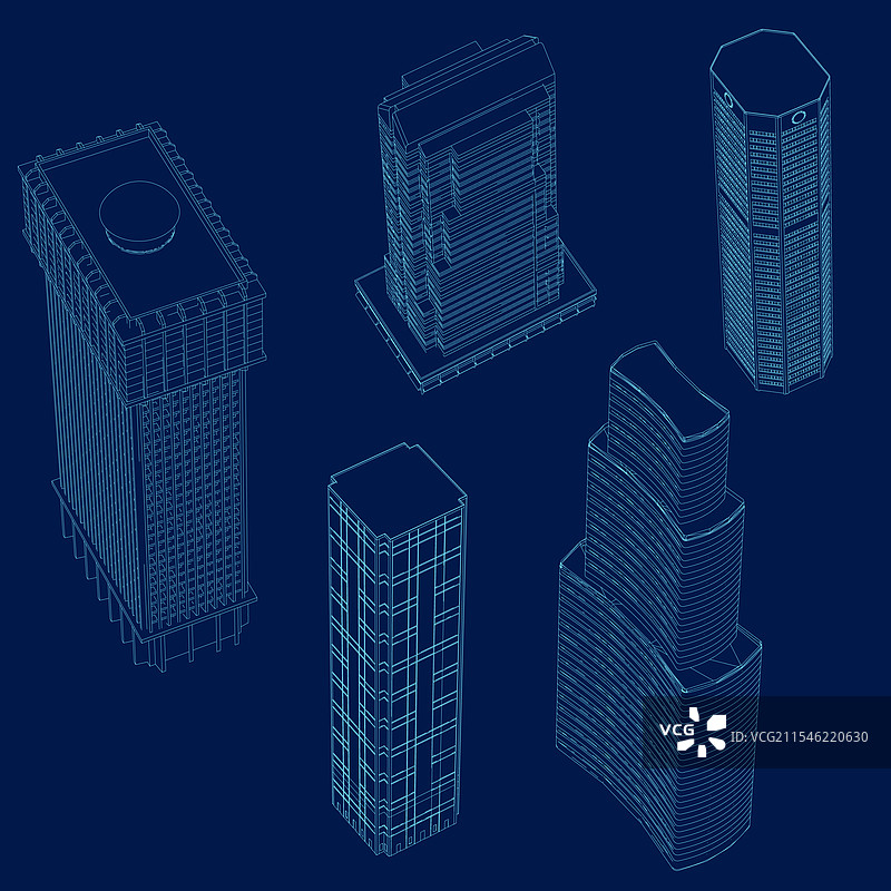 蓝色背景上的摩天大楼轮廓图图片素材