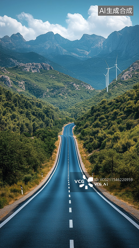 【AI数字艺术】草原上的公路和风车图片素材