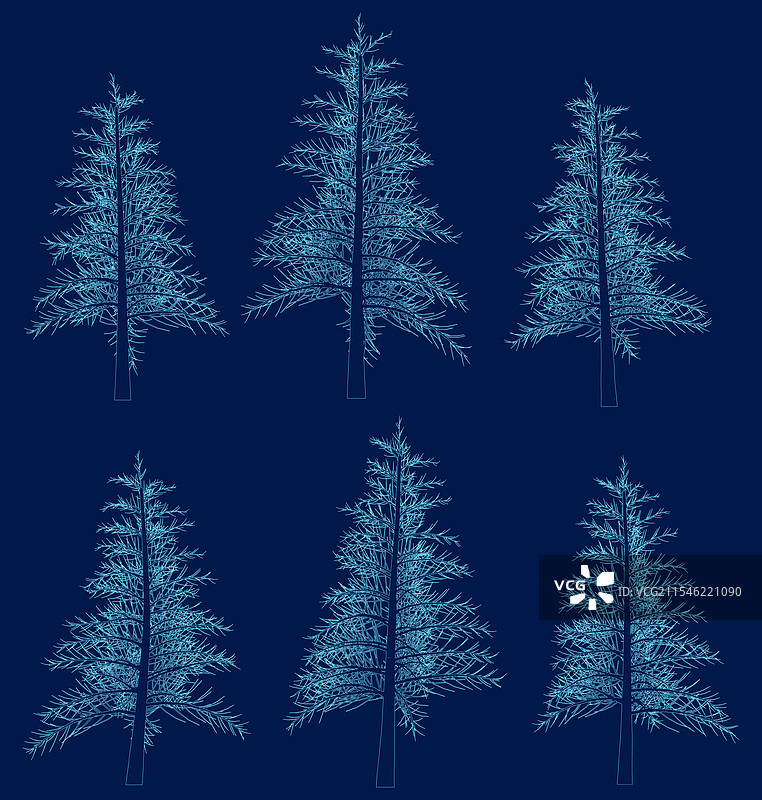 蓝色轮廓圣诞树或松树套装合集图片素材