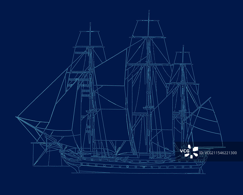 蓝色轮廓的侧视图的双桅帆船图片素材