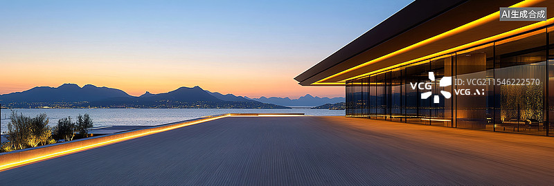 【AI数字艺术】暮光霓虹现代建筑海景豪华度假广场汽车广告背景夜晚停车场空旷地板图片素材