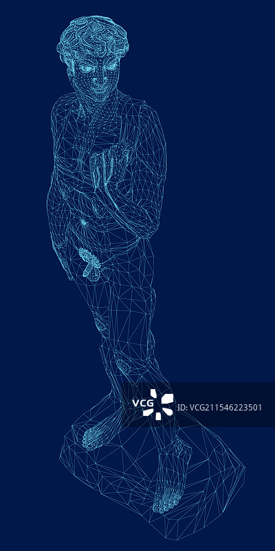 米开朗基罗的大卫雕像线框图，背景为蓝色图片素材