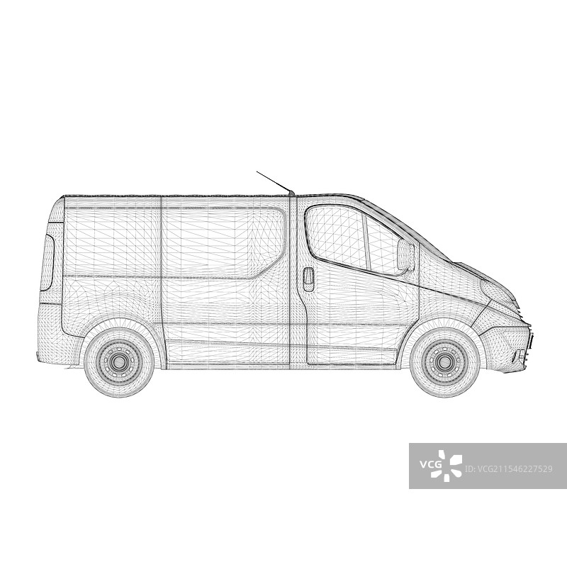 黑色线条绘制的面包车线框图，背景为白色图片素材