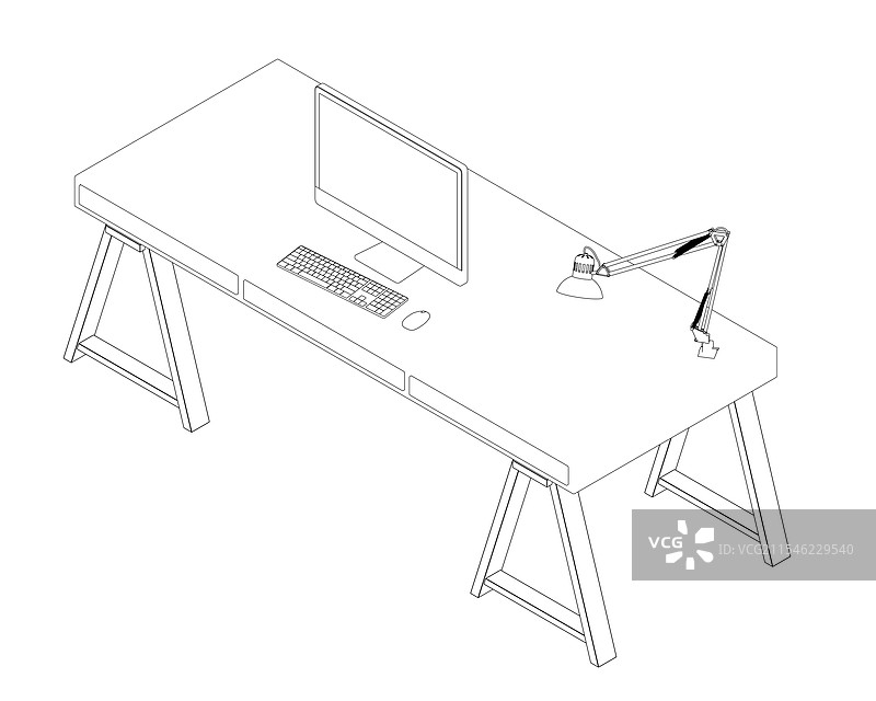 带有电脑的工作场所轮廓图片素材