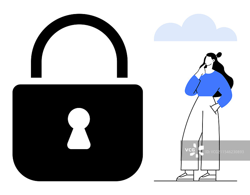 女人思考安全，旁边有一个巨大的锁。图片素材