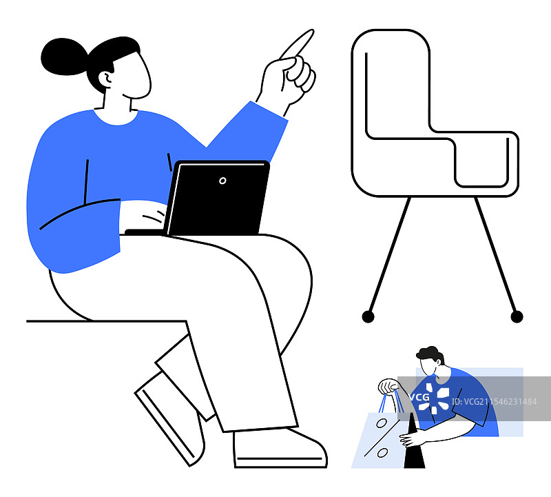 现代办公室工作人员手持笔记本电脑指向上方图片素材