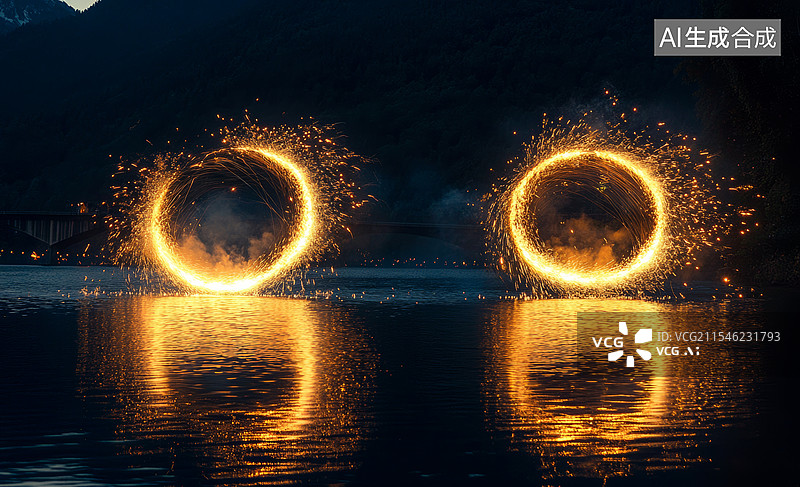 【AI数字艺术】一个热闹的夜景，中心是一个大型的火花喷泉装置，周围聚集了许多人。图片素材