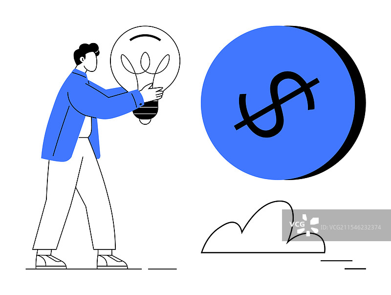 男人手持灯泡，靠近蓝色美元符号图片素材