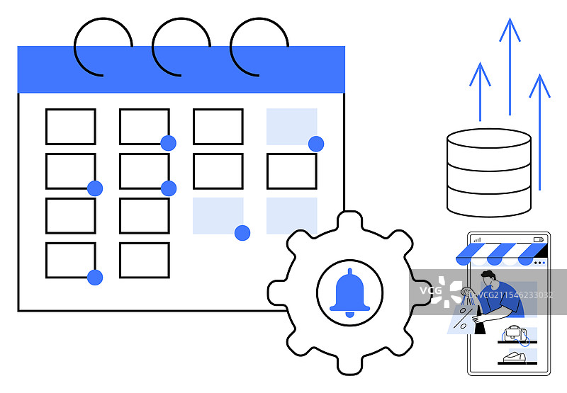 日历齿轮与铃铛图标的数据存储和图片素材