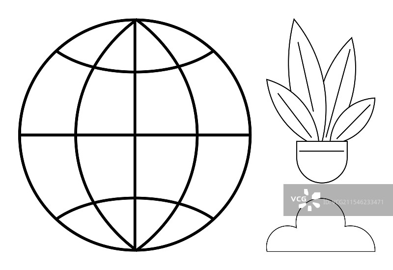 抽象的地球仪与盆栽植物和云线图片素材