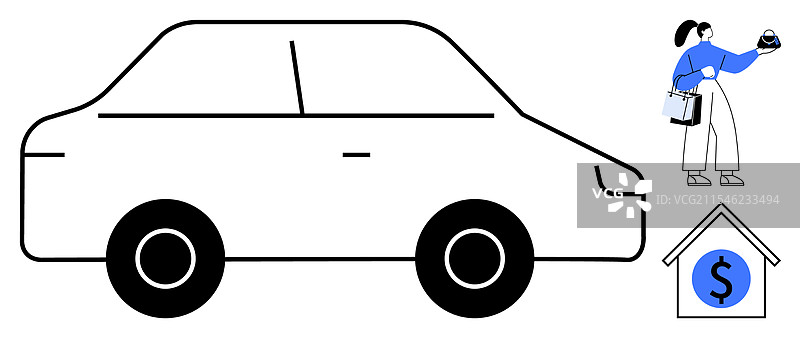 女人手握钥匙，旁边有汽车、房子和美元。图片素材
