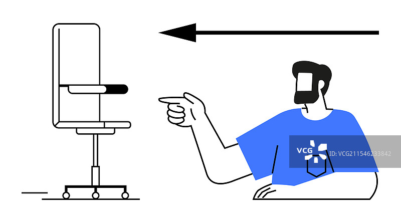 男人指向他左边的办公椅，暗示着什么。图片素材
