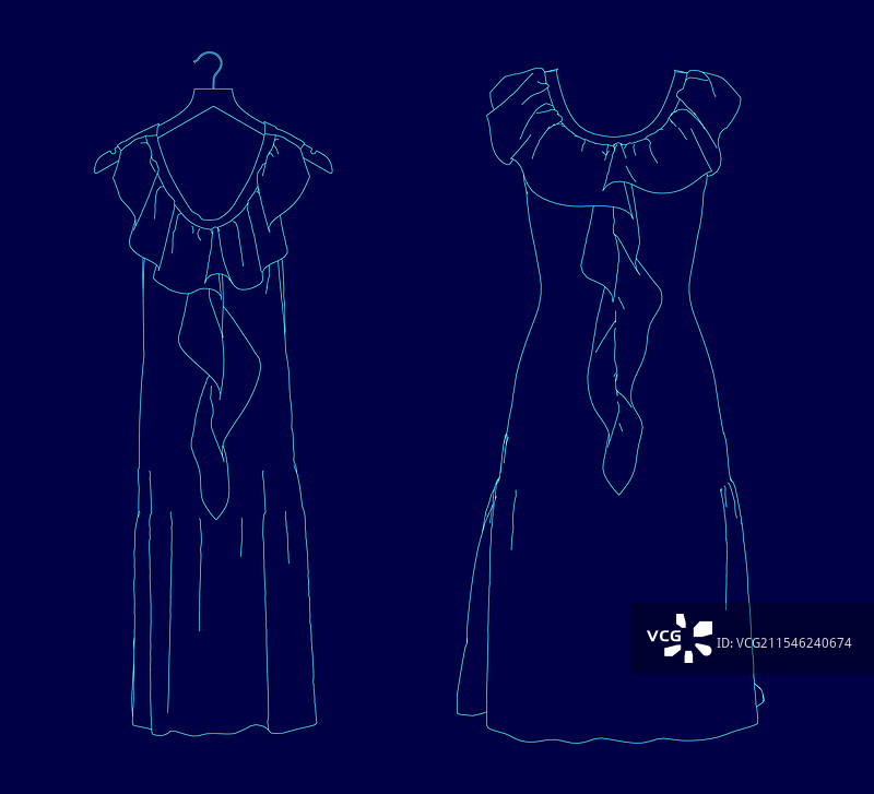 两条带褶边的蓝色连衣裙，一条是...图片素材