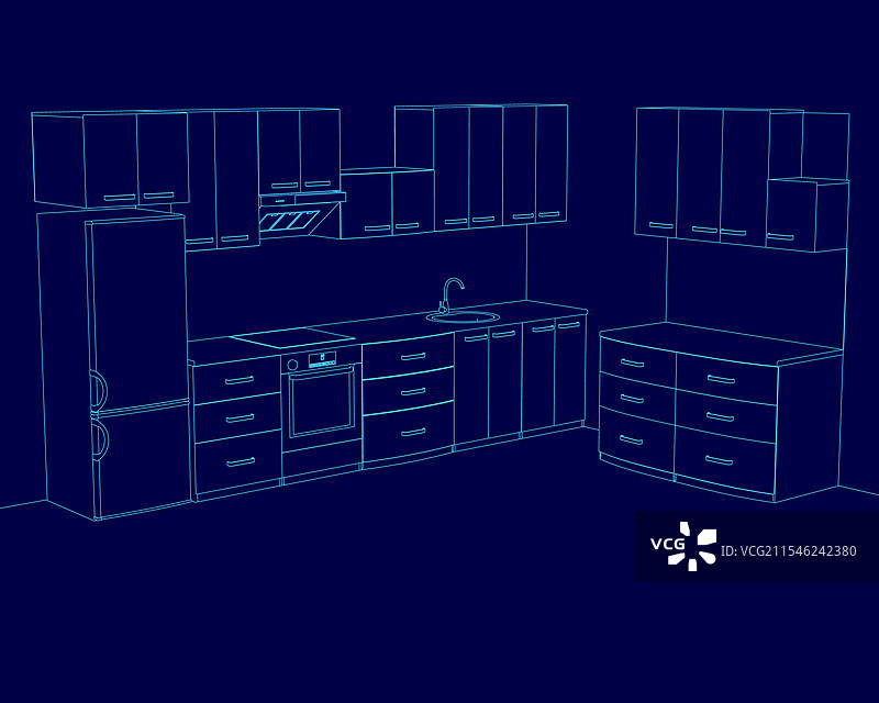 蓝色橱柜和蓝色台面的厨房图片素材
