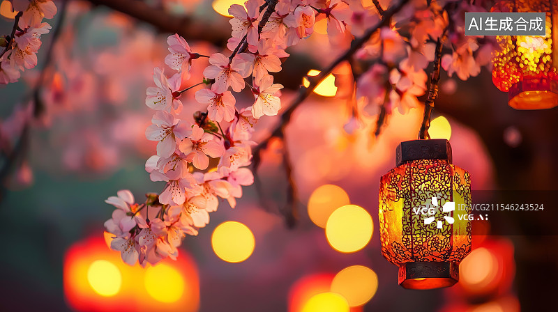 【AI数字艺术】夜晚樱花树下温暖灯笼光影浪漫梦幻氛围图片素材