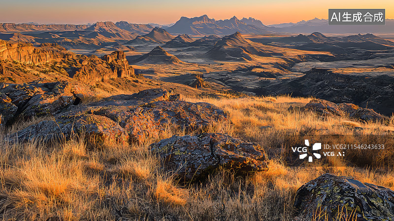【AI数字艺术】壮丽日落下的山脉地形金色阳光辉映自然景观图片素材