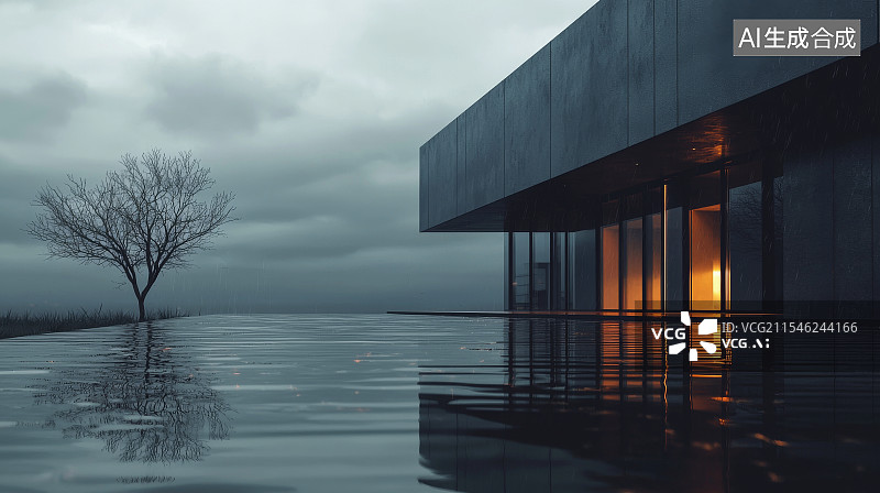 【AI数字艺术】极简现代建筑黑色水上房屋倒影夜晚静谧氛围图片素材