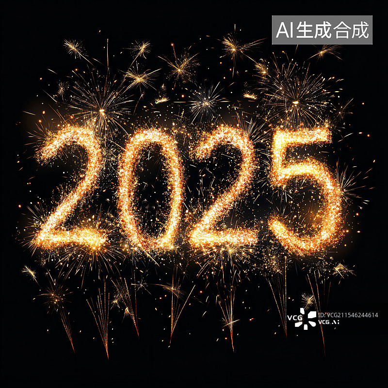 【AI数字艺术】五光十色的烟花在夜空中组成数字2025，庆祝新的一年。这幅充满活力和节庆气氛的图像，捕捉了迎接新年的图片素材