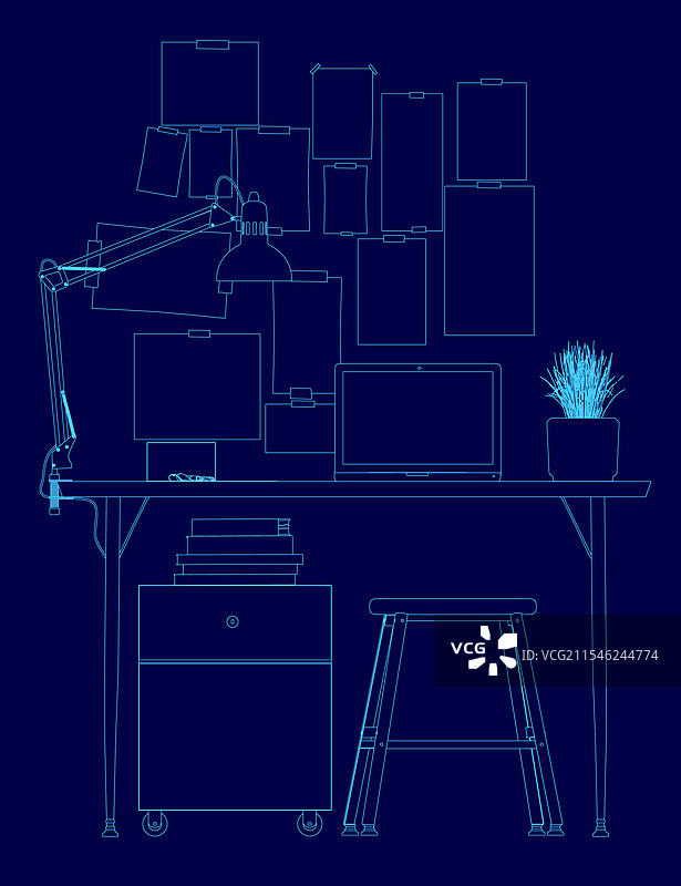 蓝色绘图的桌子，上面有一台笔记本电脑和一台台式电脑图片素材